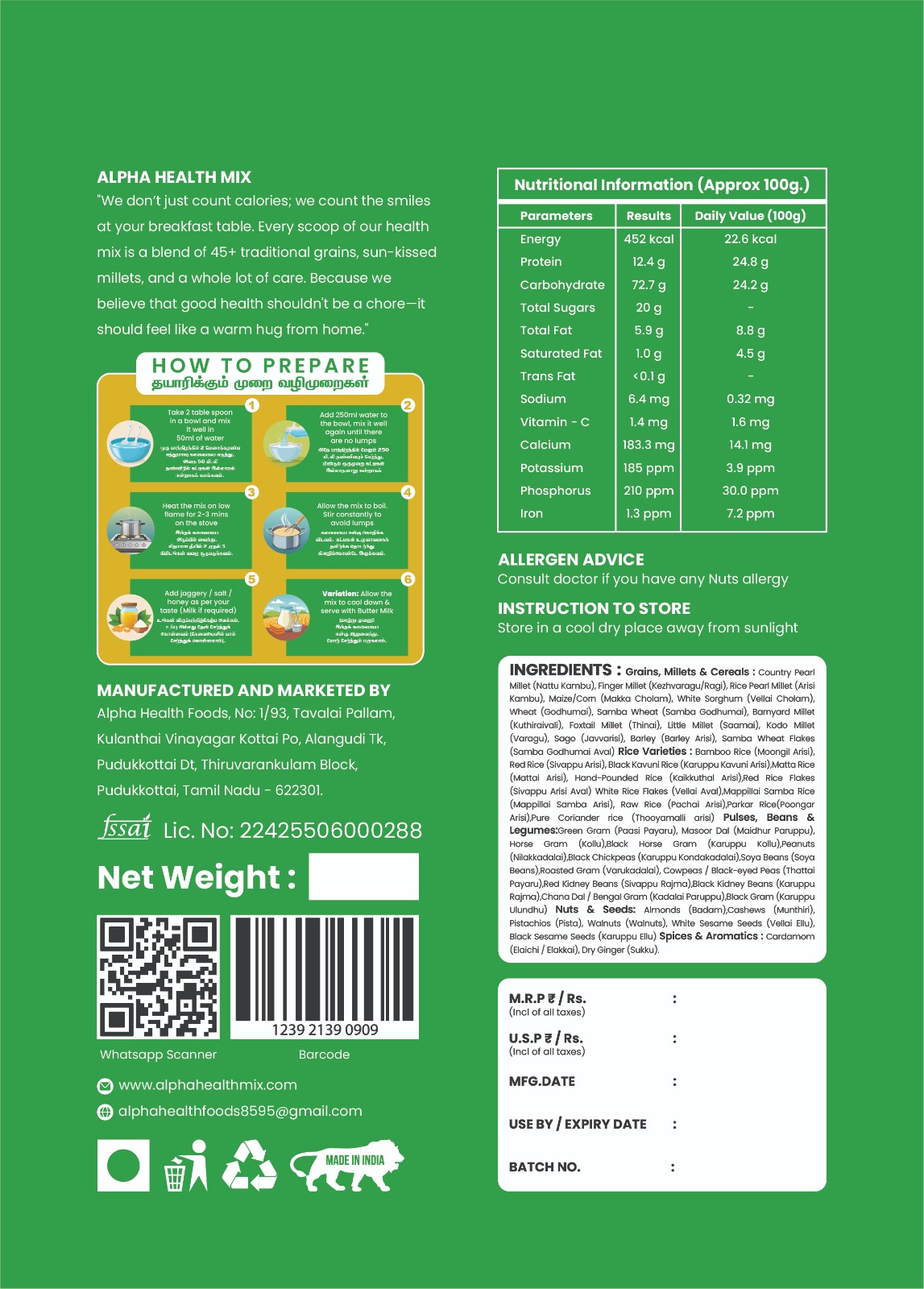 Alpha Health Mix - back of pack with nutrition info and ingredients